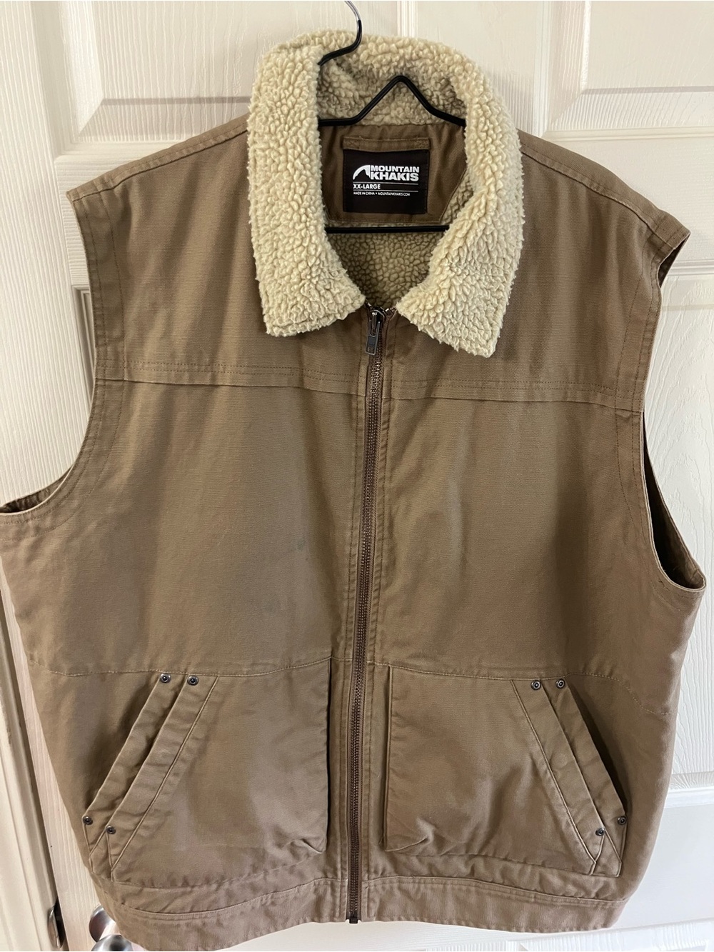 Mountain Khakis Tan Canvas Vest with Cream Sherpa Collar